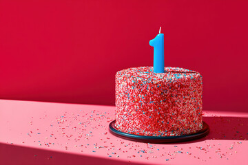 Birthday celebration cake with burning number one candle