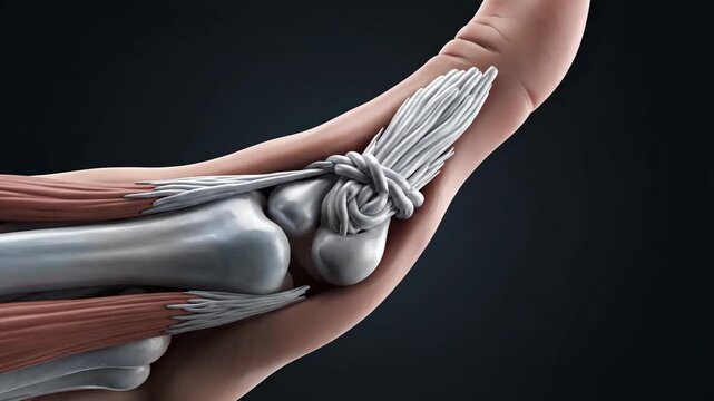 Anatomical illustration of thumb ligaments and tendons, showing spiral-oblique retinacular, with camera movement.