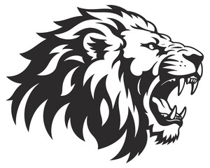 Fototapeta premium Black and white roaring lion head with sharp teeth and mane open mouth