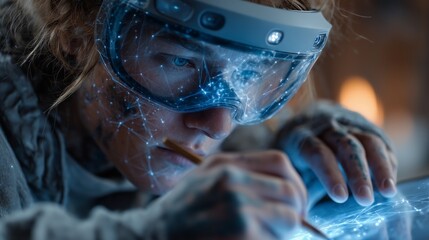 Close-up of a focused individual wearing futuristic virtual reality goggles with a stylus in hand, surrounded by a digital interface glow.