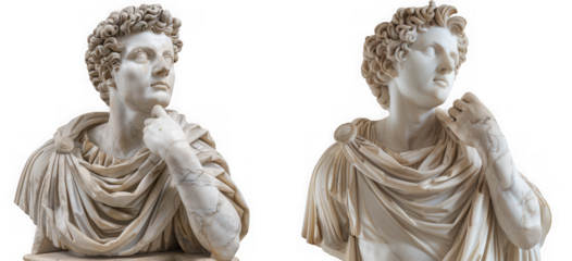 Two ancient roman marble busts of men displaying thoughtful poses and detailed drapery on transparent background
