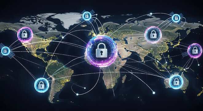 World map with glowing lock icons connected by lines representing global network security system - Powered by Adobe