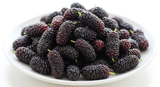 A white plate filled with a pile of dark purple mulberries with green stems and textured surfaces