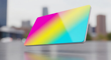A floating rectangular prism with a colorful gradient in front of a blurred cityscape background
