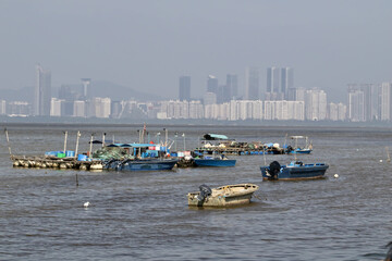 Oyster farm at Lau Fau Shan in Hong Kong New Territories with Shen Zhen  in China in the background.