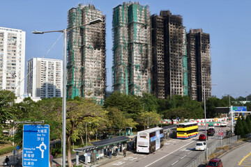 Burned residential skyscrapers in the district of Tai Po in Hong Kong