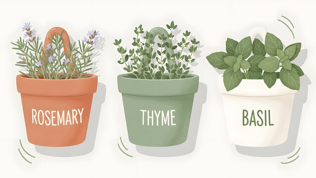 Stylized pastel kitchen herbs in hanging pots, flat lay illustration.