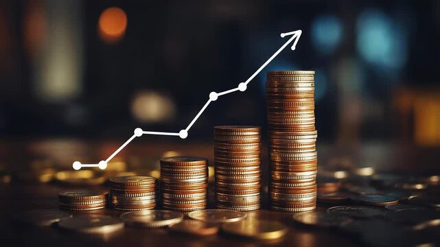 Coins stacked in ascending order with upward trend line.
