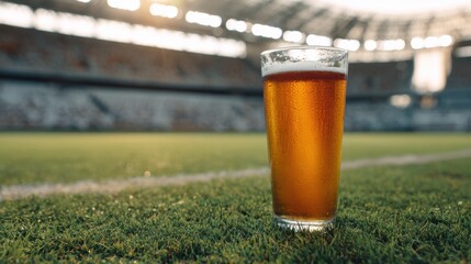 glass of beer on a soccer field, with the stadium in the background