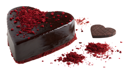 Heart-shaped chocolate cake with red sprinkles isolated on white background