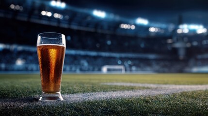 glass of beer on a soccer field, with the stadium in the background