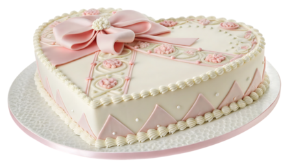 Heart-shaped cake with pink bow isolated on white background