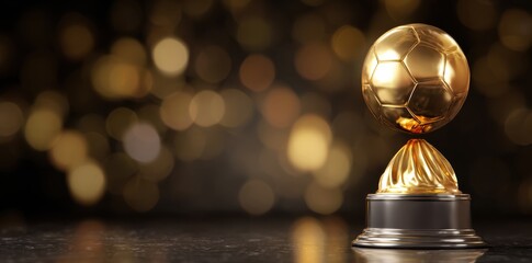 golden soccer trophy on a dark background with bokeh lights