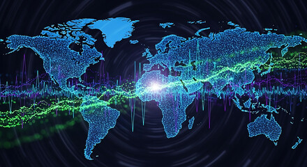 Digital world map with data waves and bright center point on a dark background design element