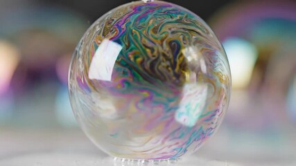 Mesmerizing closeup of a vibrant iridescent soap bubble showcasing a stunning array of swirling rainbow colors and delicate patterns reflecting light beautifully on its fragile surface creating an et.