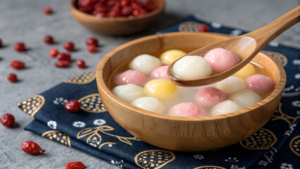 Sweet colorful tangyuan, a traditional chinese dessert, served in a wooden bowl