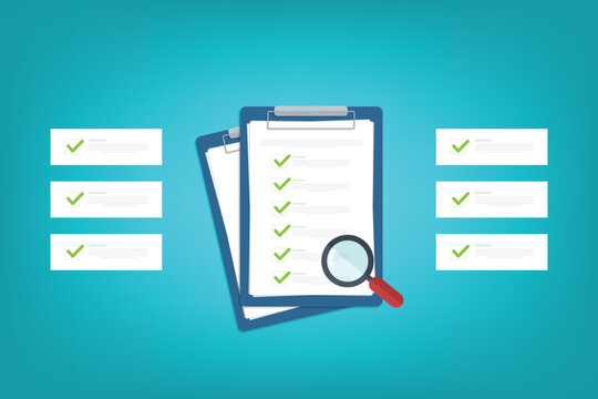 digital document inspection or assessment evaluation, contract review, analysis, inspection of agreement contract, compliance verification. Vector illustration	