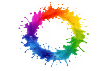Colorful paint splash forming a circular rainbow dissolving liquid abstract frame on transparent background