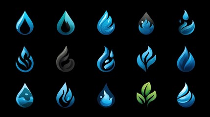 Water drop icons with clean, minimal, and stylized shapes in vector format, perfect for hydration apps, eco logos, and health branding