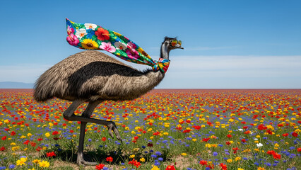 Vibrant emu in aviator sunglasses and floral scarf strides through wildflowers under clear blue sky. Ideal for spring campaigns, travel promotions, quirky branding, joyful social media,