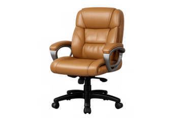 Brown leather executive office chair with ergonomic design, high back, padded seat, and swivel casters on transparent background