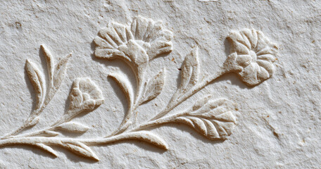 Close-up of floral relief carving on textured stone surface showing detailed petals and leaves in natural light