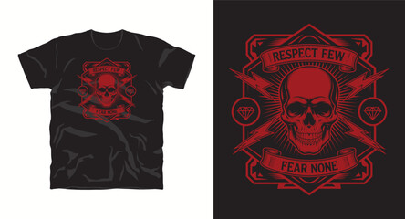 Respect few fear none skull t-shirt design with lightning bolts and diamonds graphic illustration