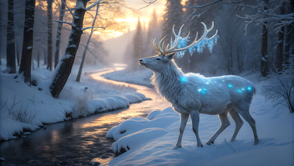 A majestic white deer with glowing antlers stands in a snowy forest during sunset