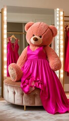 Giant teddy bear in a whimsical mood wearing a vibrant pink gown while sitting on a vanity stool against a backdrop of a lit mirror and closet with copy space