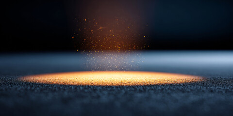 Close-up of glowing orange particles floating above textured dark surface with soft blue and black background lighting