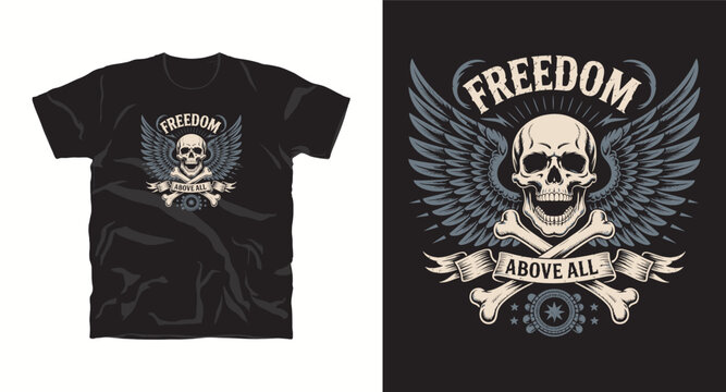 Freedom above all winged skull and bones graphic design for t-shirt print vector illustration