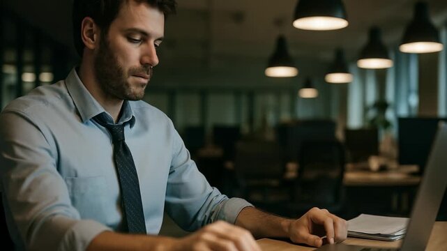 man sits at desk, looking defeated and exhausted from work. mental strain of busy professional life. In dimly lit office, man overcome with fatigue, emotional weight of work pressure.