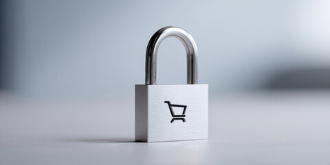 Close-up of silver padlock with shopping cart icon symbolizing secure online shopping and e-commerce protection on smooth surface with blurred background