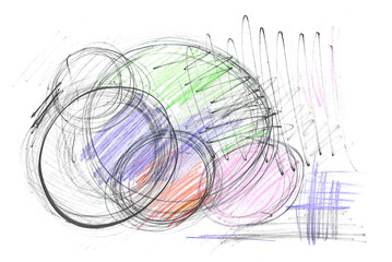 artistic scribbling circle, colorful hatching, grunge abstract isolated on white background and texture, design element