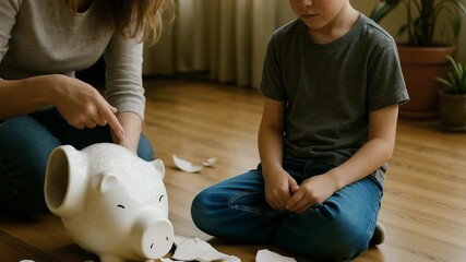Ceramic pieces from broken piggy bank cover floor as mother reprimands her son for accident.moment of childhood mistake and immediate parental response to damage.mother explains to her son his actions