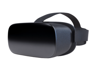 isolated side view of a modern all black virtual reality headset on a transparent background