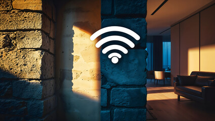 Wall Wi-Fi 7 WLAN signal blocking stone apartment interior texture technology interference connection indoor modern architectural shadow dramatic barrier wireless network generative AI