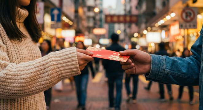 Giving and Receiving Red Envelope in Hong Kong Street