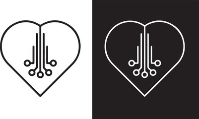 Modern heart symbols feature intricate circuit board patterns, representing digital health and artificial intelligence