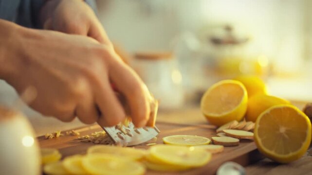 A man's hands skillfully grate fresh ginger, filling the air with a pungent aroma, releasing essential vitamins and minerals, thereby unlocking the root's numerous health benefits