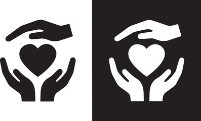 Two contrasting icons depict caring hands gently holding a symbolic heart on opposing monochrome backgrounds