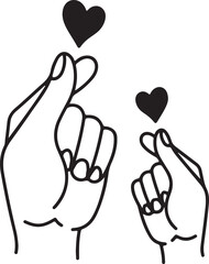 Two line art hands perform the popular Korean finger heart gesture with small solid black hearts floating above