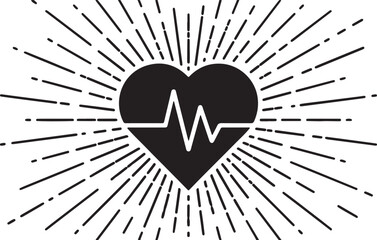 A black heart icon featuring a white heartbeat line radiating energy on a bright background