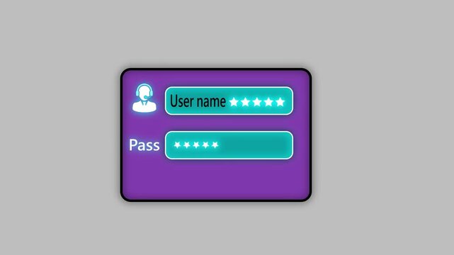 Secure user login interface animation with username and password fields, glowing login button, shield lock icon, modern cybersecurity UI concept on clean background