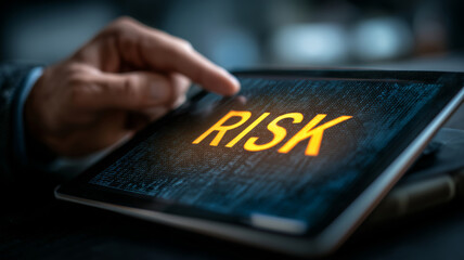 Businessman uses tablet to analyze risk in modern office setting