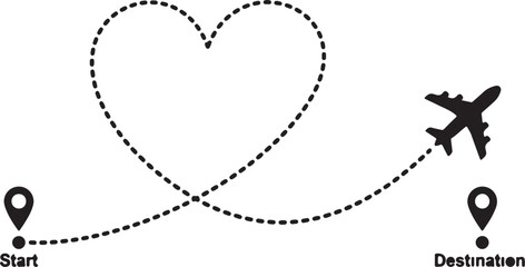 A dotted flight path in the shape of a heart connects start and destination points with an airplane