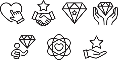 A set of line icons depicting concepts of quality, care, success, partnership, and value