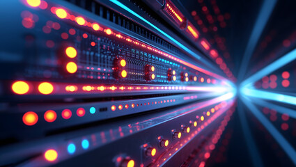 Server of an Artificial Intelligence AI supercomputer with blinking control lights and vibrant LED colors for modern futuristic technical digital innovation generative AI