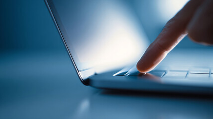 A close up of a person's finger on the trackpad of an open laptop computer with light reflecting off it