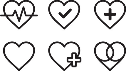 A set of six outline heart icons featuring various medical and health related symbols on a white field